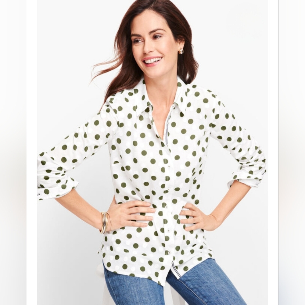 Talbots Olive and White Polka Dot Cotton  Blouse Size XL